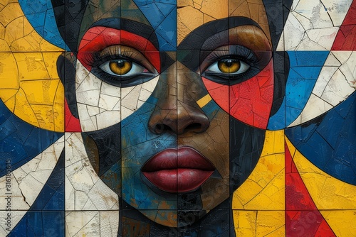 A cubist painting of an African woman's face, composed entirely from geometric shapes and patterns. The artwork is filled with bold colors