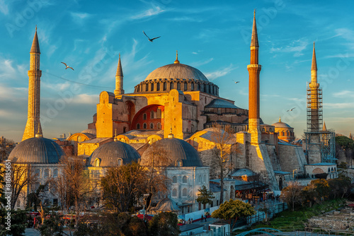 Sunset over Hagia Sophia mosque with seagulls in Istanbul, Turkey. photo