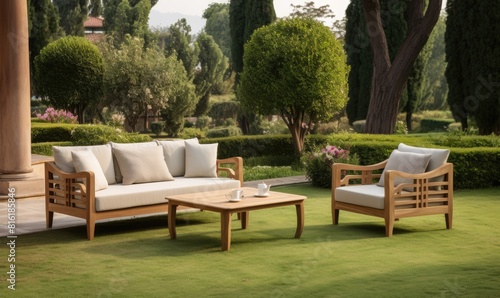 An outdoor furniture set consisting of two single chairs with and a sofa with cushioning