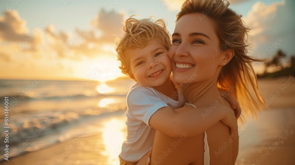 Close up happy mother having fun with her cute little son on the beach sunset, Summer concept Close up happy mother having fun with her cute little son on the beach sunset, Summer concept