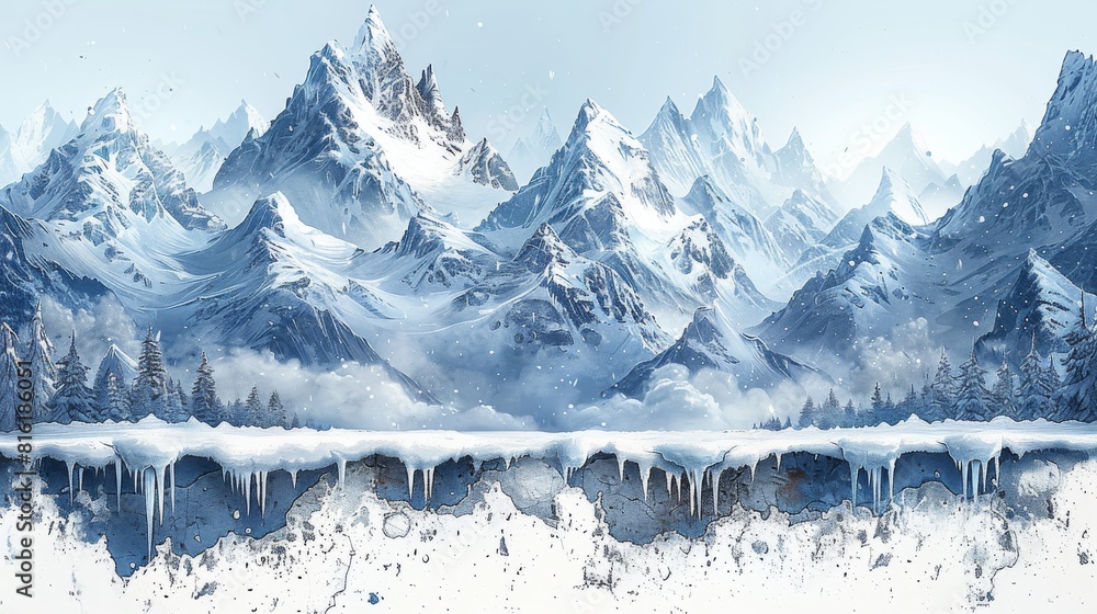 The perfect winter landscape with snow-capped mountains and icicles, perfect for seasonal projects