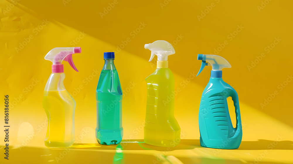 Five different cleaning products mockup plastic bottles isolated on a clean yellow background Photo : Generative AI Five different cleaning products mockup plastic bottles isolated on a clean yellow background Photo : Generative AI