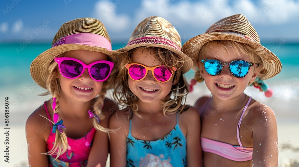 Happy smiling friends kids wearing cool colorful sunglasses and taking selfie on the summer beach Happy smiling friends kids wearing cool colorful sunglasses and taking selfie on the summer beach