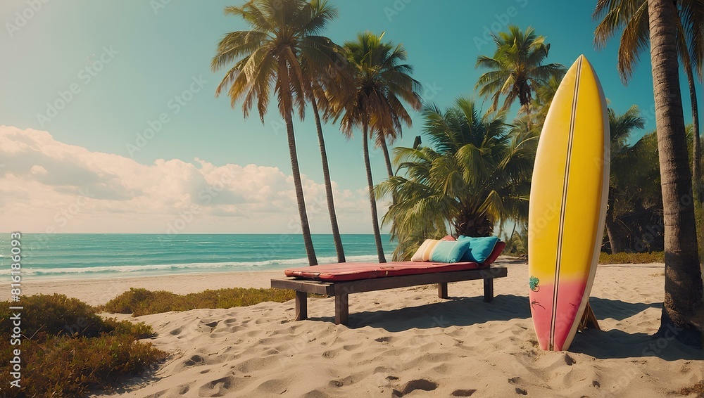 Surfboard and palm tree on beach with beach sign for surfing area. Travel adventure and water sport. relaxation and summer vacation concept. vintage color tone image. Surfboard and palm tree on beach with beach sign for surfing area. Travel adventure and water sport. relaxation and summer vacation concept. vintage color tone image.