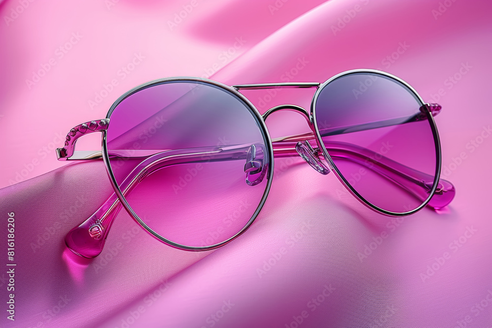 Soft pastel purple sunglasses with gradient lenses on a pastel pink background, representing style and sophistication. Generative Ai. Soft pastel purple sunglasses with gradient lenses on a pastel pink background, representing style and sophistication. Generative Ai.