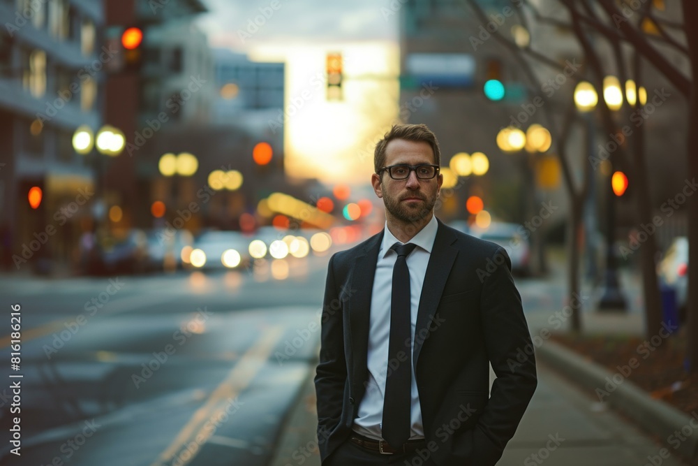 Young professional in a suit stands in the city at dusk, cars and lights blurred in the background Young professional in a suit stands in the city at dusk, cars and lights blurred in the background