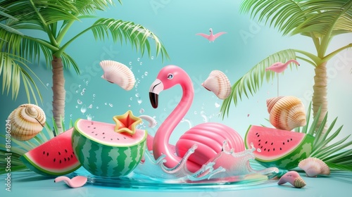 Summer vacation. Flamingo inflatable toy, watermelon, palm trees, shell, water splash 3d render vector realistic elements  photo