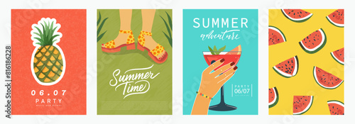 Set of summer illustrations with hand-drawn pineapple, feet in sandals, hand with a glass and watermelon pieces. Vector design for brochures,posters,invitation, backgrounds and more.