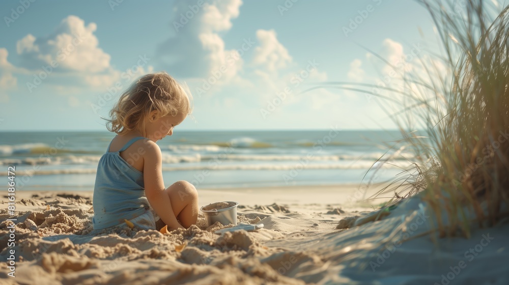 Adorable little girl at beach during summer vacation plays in the sand and makes a sandcastle Adorable little girl at beach during summer vacation plays in the sand and makes a sandcastle