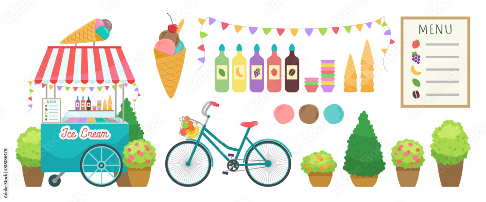 Ice cream cart vector illustration set. Frozen gelato booth. Street food stall, awning, bicycle. Summer town clipart flat design elements. Cute ice-cream scoops, waffle cones, syrup bottles, menu.