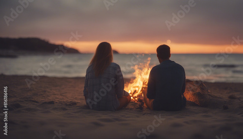 Lovely couple sitting at the beach near the bonfire and watching the sunset 