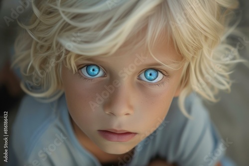 Captivating closeup portrait of a mesmerizing blueeyed child with blonde hair. Radiating innocence and purity. Gazing thoughtfully into the natural light photo