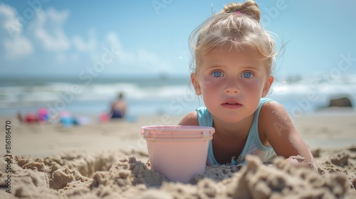 Adorable little girl at beach during summer vacation plays in the sand and makes a sandcastle
