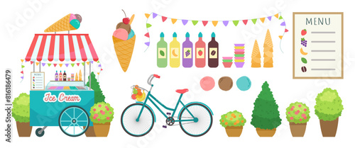 Ice cream cart vector illustration set. Frozen gelato booth. Street food stall, awning, bicycle. Summer town clipart flat design elements. Cute ice-cream scoops, waffle cones, syrup bottles, menu. © Cute Design