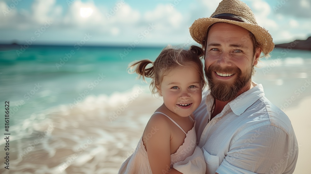 Portrait of handsome smiling father with little daughter in his arms on summer vacation by the sea Portrait of handsome smiling father with little daughter in his arms on summer vacation by the sea