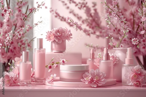 Wallpaper Mural The photo shows a variety of pink beauty products on a pink background with pink flowers. The products include bottles, jars, and tubes. Torontodigital.ca