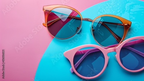 Sunglasses and glasses sale concept. Trendy sunglasses background. Trendy Fashion summer accessories. Copy space for text. Summer sale. Optic store discount poster. glasses with rounded frames.  © Jalal