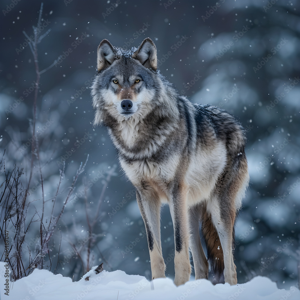 Majestic Wolf Standing in a Snowy Wilderness - A Stunning Display of Wild Nature in Winter