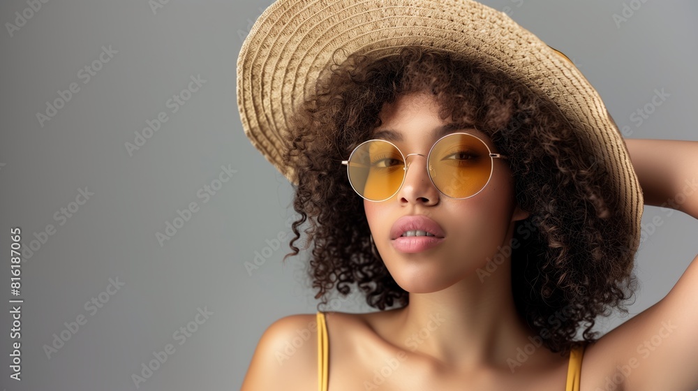Portrait of african american woman with curly hair in sunglasses and beach hat on grey background Portrait of african american woman with curly hair in sunglasses and beach hat on grey background