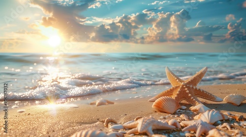 Beautiful panoramic shot of tropical beach clear sea and beautiful seashells and starfish