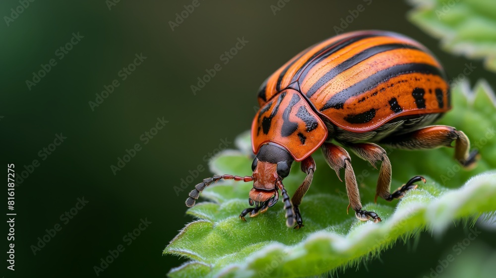 Fototapeta premium Close-Up of Colorado Potato Beetle on Green Leaf in Daylight