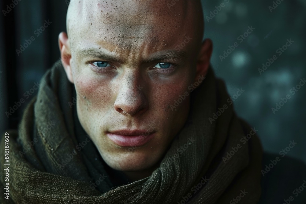 Closeup portrait of a bald young adult with piercing blue eyes and a serene expression Closeup portrait of a bald young adult with piercing blue eyes and a serene expression