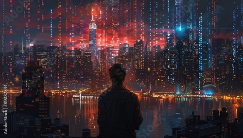 A comic book illustration of an adult male with brown hair wearing business attire  standing in front of the skyline of New York City at nighttime. 