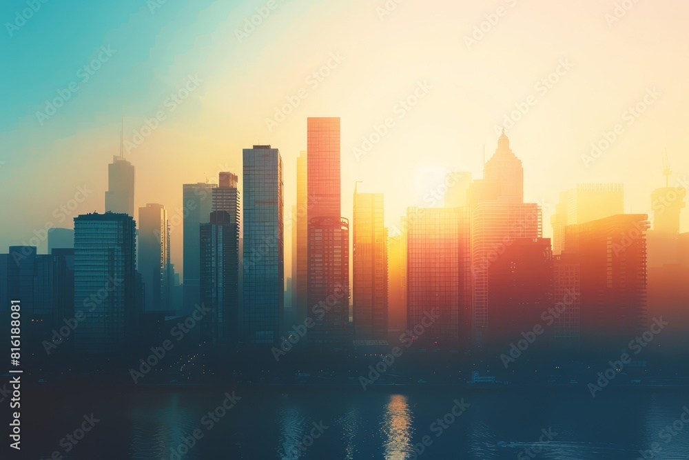 Warm sunrise over the modern city skyline with vibrant colors