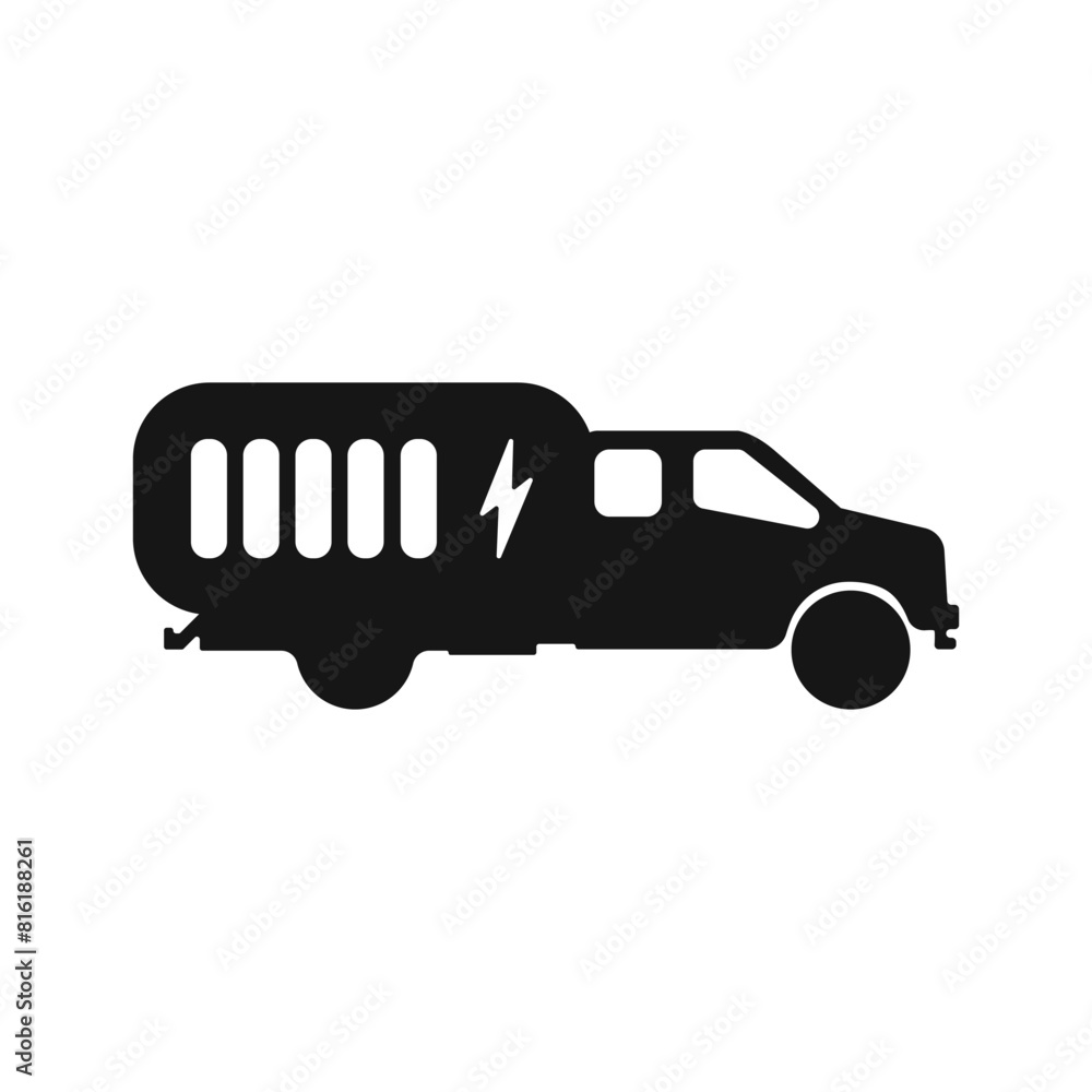 Car with charging vector. Black truck with plug socket vector. Charging station. Vetkor mobile power station. Transport ecology vector icon. Vector illustration. Car with charging vector. Black truck with plug socket vector. Charging station. Vetkor mobile power station. Transport ecology vector icon. Vector illustration.