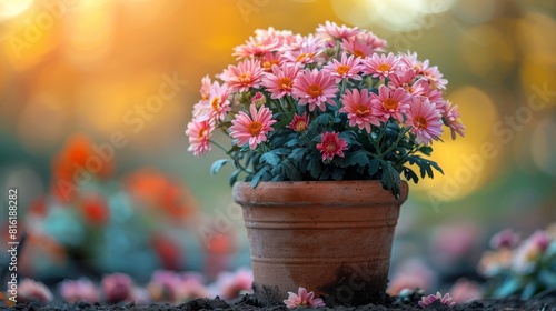 In a blurred green garden background  fresh chrysanthemums are growing in a pot