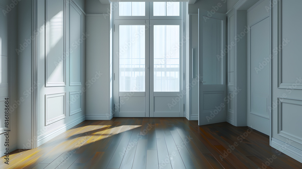 custom made wallpaper toronto digitalClosed doors and windows in empty bedroom at contemporary apartment with hardwood floor and walls : Generative AI