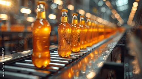 Stack of plastic bottles with orange drinks at a factory