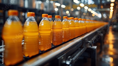 Stacks of orange drink bottles on a conveyor belt in a factory