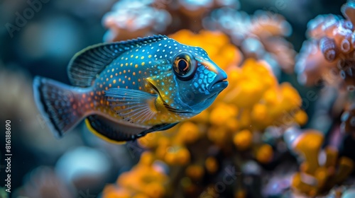 Triggerfish in aquarium with blue water and corals