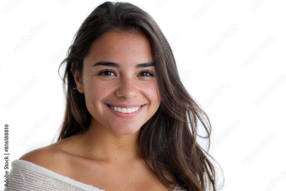 Woman Smiling White Background. Portrait of Happy Young Brunette Female Person Woman Smiling White Background. Portrait of Happy Young Brunette Female Person