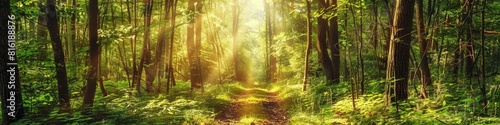 Nature Trail through Sunlit Forest Landscape with Green Trees