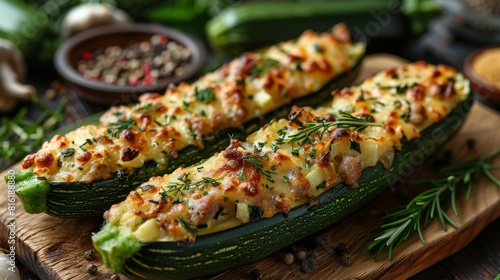 Cheese and meat stuffed zucchini on a wooden background