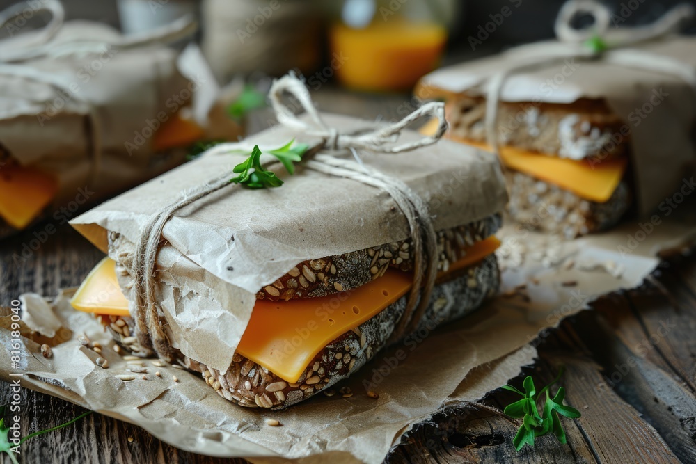 Wrapped Sandwich. Wholegrain Sandwiches with Cheese Baked and Wrapped in Paper Wrapped Sandwich. Wholegrain Sandwiches with Cheese Baked and Wrapped in Paper