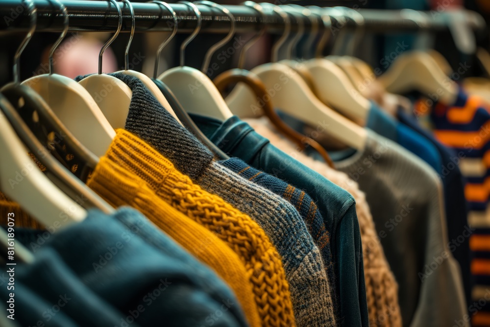 Fototapeta premium Assorted sweaters on retail clothing rack