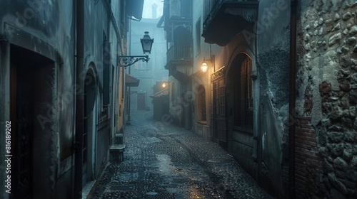 Old Street. Dark Foggy Alley at Night in Medieval Town of Bergamo, Citta Alta