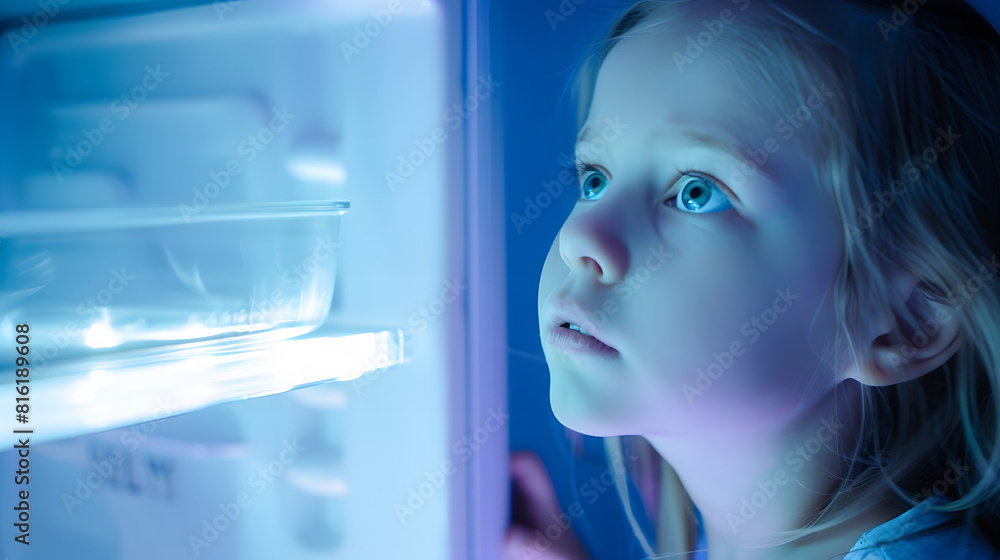 Closeup Of young girl looking into an empty Refrigerator fridge Looking into empty fridge concept : Generative AI Closeup Of young girl looking into an empty Refrigerator fridge Looking into empty fridge concept : Generative AI