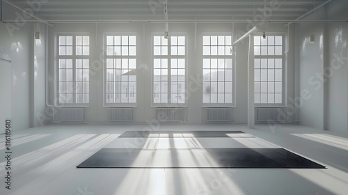 Gym white interior with black yoga mat big windows no people Copy space : Generative AI © Generative AI