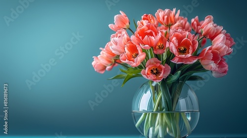 In a vase with fresh cut spring flowers on a blue background are fresh cut spring flowers