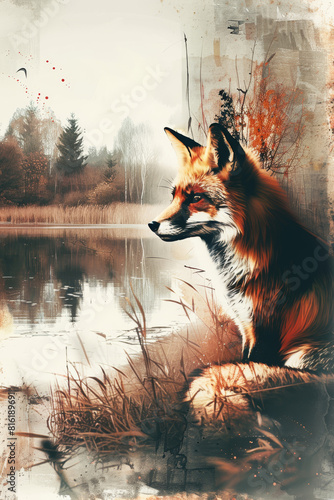 Vintage Fox at Lake  Muted Oil Painting
