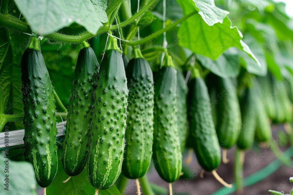 Fresh cucumbers growing on vines in a greenhouse with lush green leaves. Fresh cucumbers growing on vines in a greenhouse with lush green leaves.