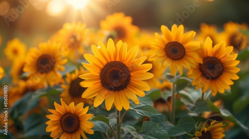 Vase of fresh sunflowers on green blurry background