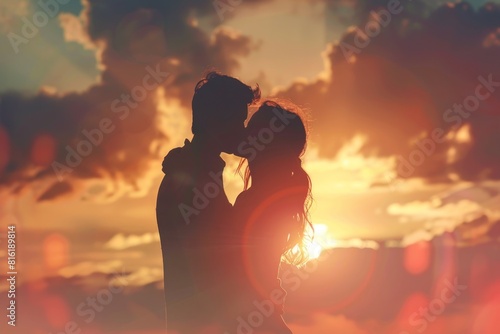 Silhouette of a young couple kissing against a sunset sky A romantic love concept, a romantic photo Generative AI