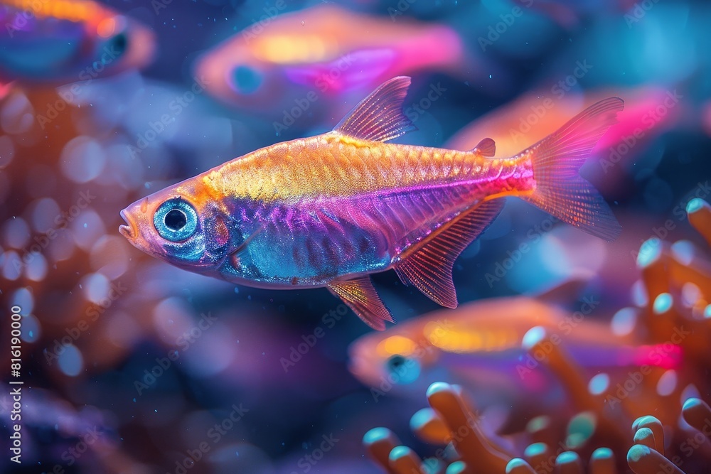 School of Neon Tetras with glowing bodies, perfect for freshwater aquarium themes. School of Neon Tetras with glowing bodies, perfect for freshwater aquarium themes.