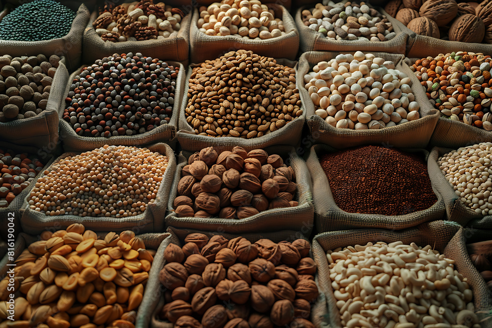 Assorted variety of nuts arranged in a captivating display, showcasing textures, shapes, and flavors Assorted variety of nuts arranged in a captivating display, showcasing textures, shapes, and flavors