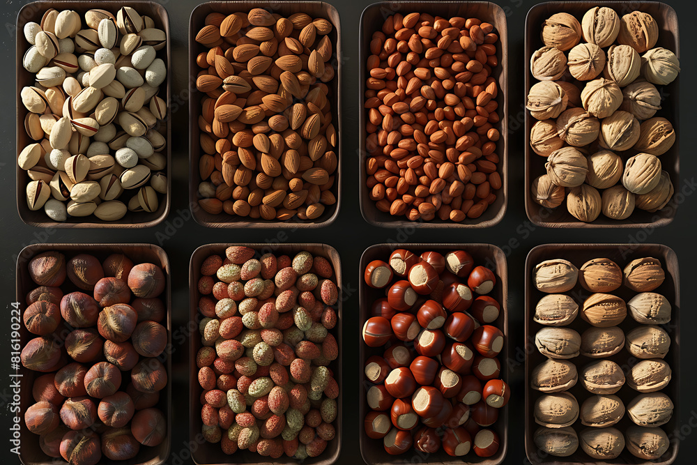 Assorted variety of nuts arranged in a captivating display, showcasing textures, shapes, and flavors Assorted variety of nuts arranged in a captivating display, showcasing textures, shapes, and flavors